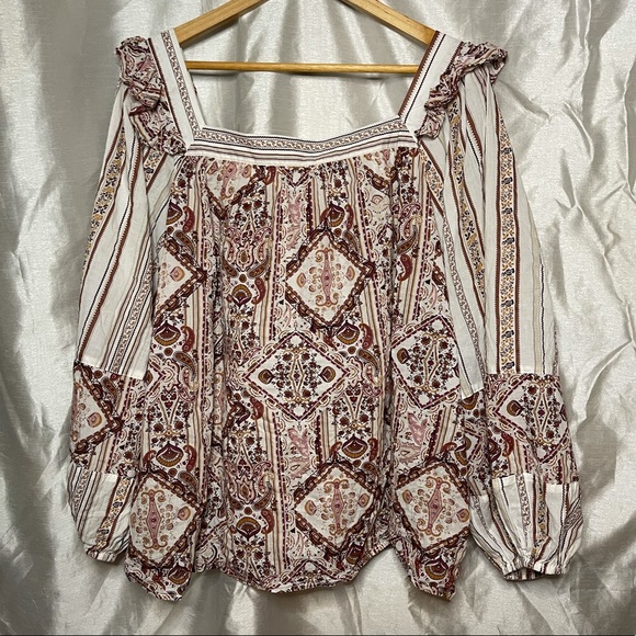 Plus Size Ruched Puff Ruffle Sleeve Boho Floral Paisley Blouse Top - Picture 5 of 10